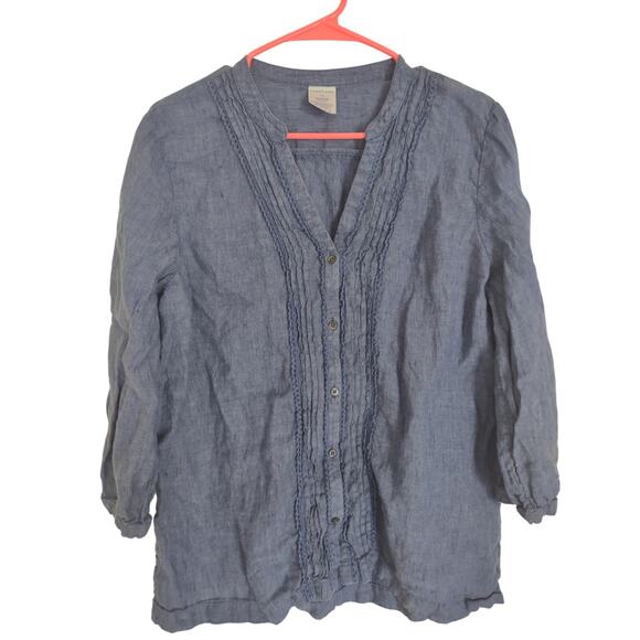 Land's End Blue 100 Percent Linen Lightweight Blouse Large Costal Grandma Boho - Picture 1 of 3
